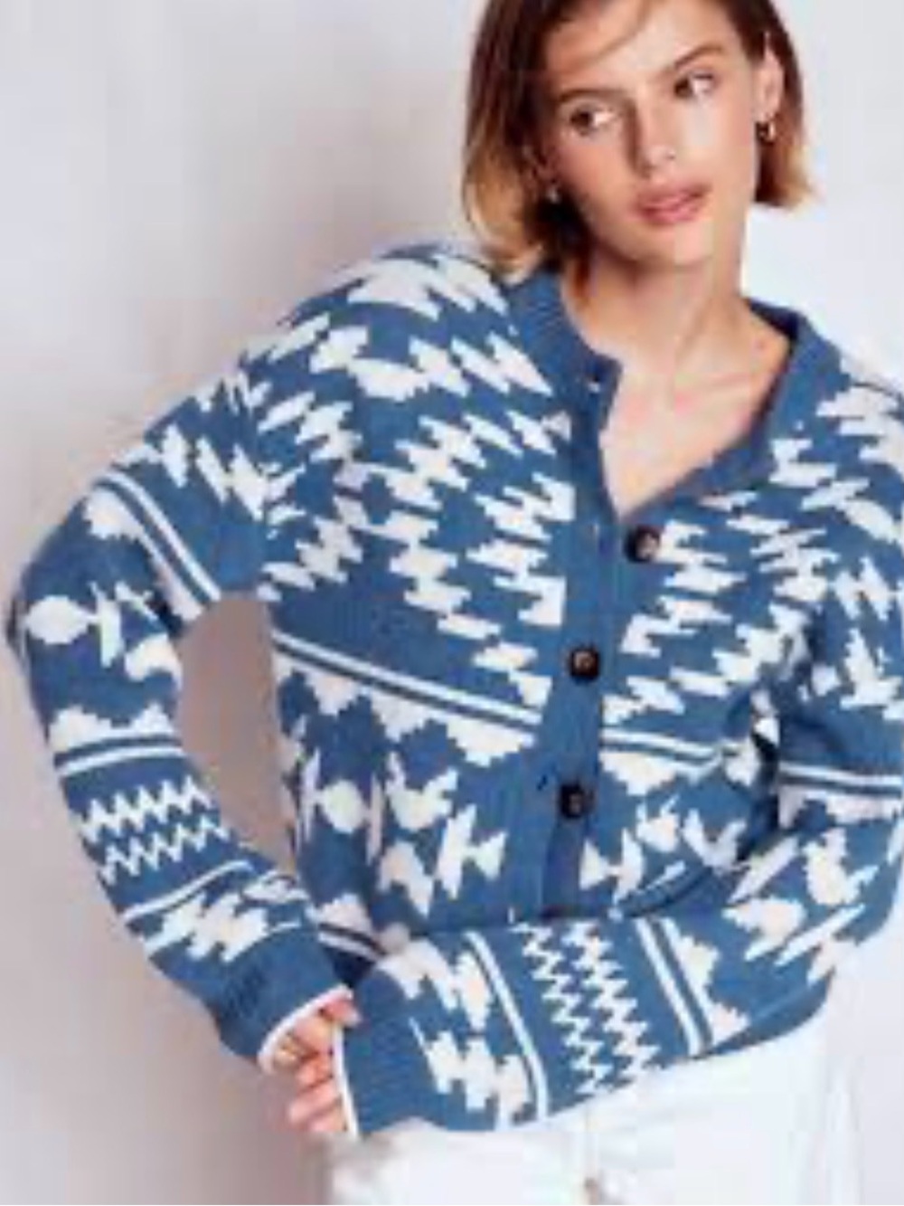 Boden Abi Jacquard aztec fair isle blue Button-Front Patterned Cardigan - Picture 2 of 6